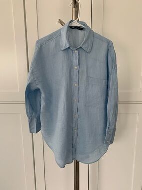 Zara Light Blue Casual Linen Button-Down Shirt